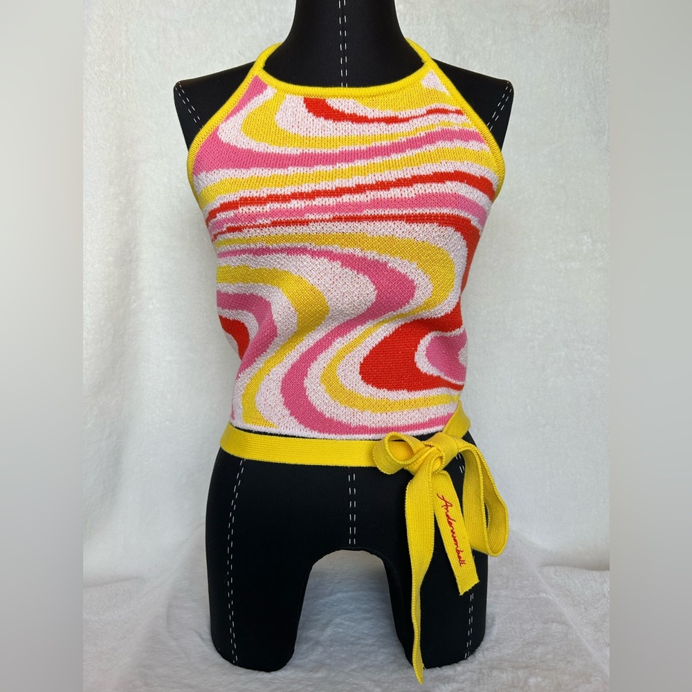 Andersson Bell Summer Jacquard Halter Knit Top in Lemon Pink Size L MCM Retro